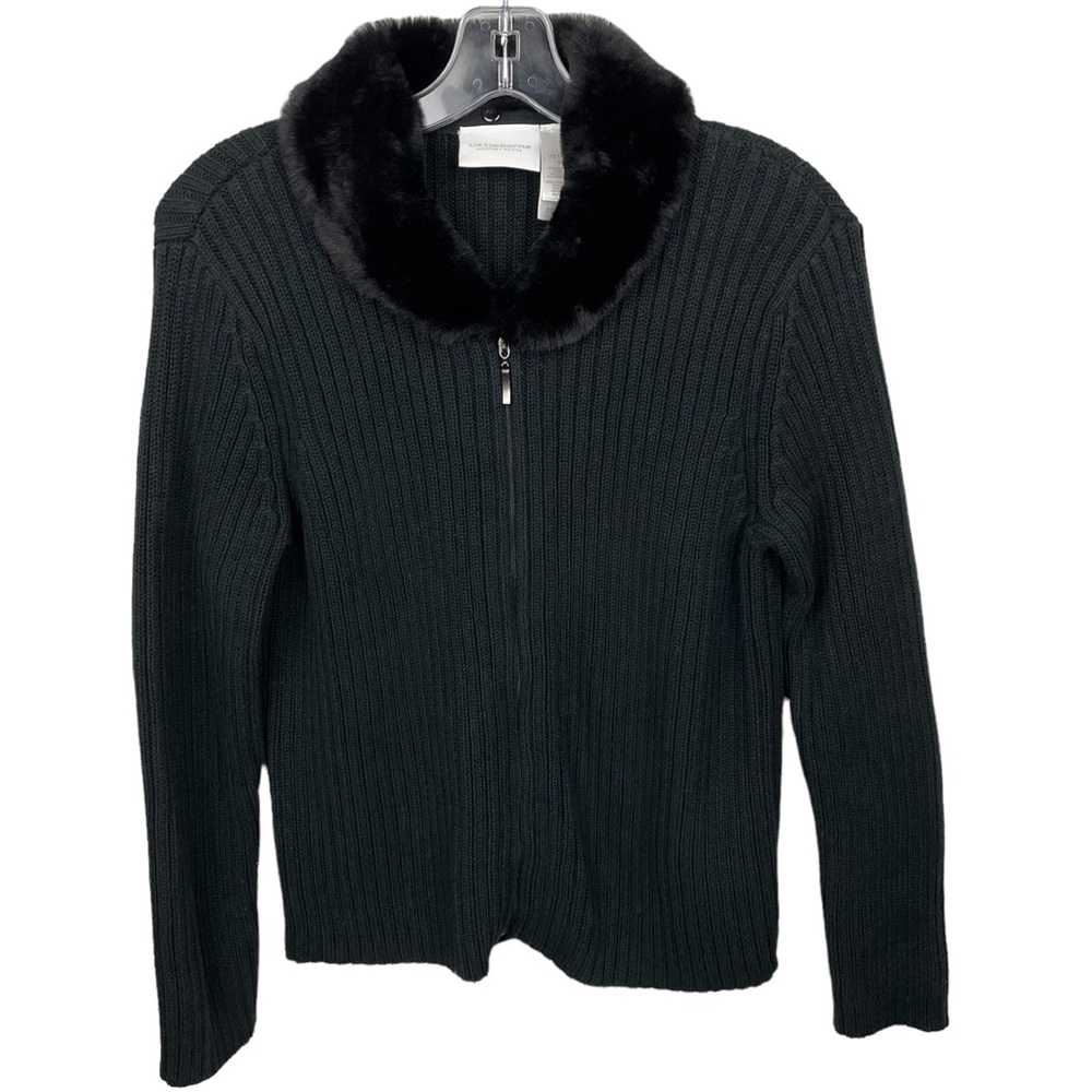 Liz Claiborne Liz Sport Black Ribbed ZipUp Sweater Jacket w/removable Neck Fur